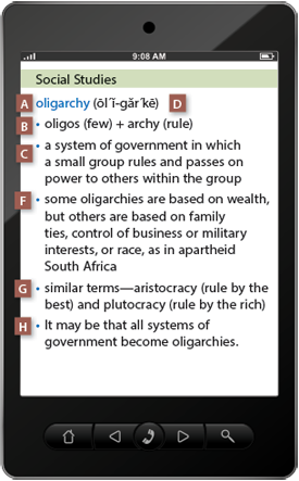 Social Studies
oligarchy (ol´i-gar´ke)
•	oligos (few) + archy (rule)
•	a system of government in which a small group rules and passes on power to others within the group
•	some oligarchies are based on wealth, but others are based on family ties, control of business or military interests, or race, as in apartheid South Africa
•	similar terms—aristocracy (rule by the best) and plutocracy (rule by the rich)
•	It may be that all systems of government become oligarchies.