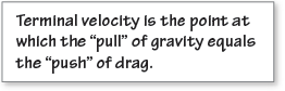 Terminal velocity is the point at which the “pull” of gravity equals the “push” of drag.