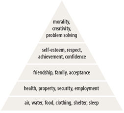 morality, creativity, problem solving--self-esteem, respect, achievement, confidence--friendship, family, acceptance--health, property, security, employment--air, water, food, clothing, shelter, sleep